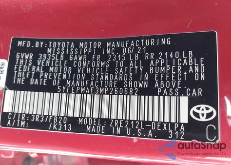 2021 Toyota Corolla Le из США, поврежденный, VIN 5YFEPMAE3MP260682